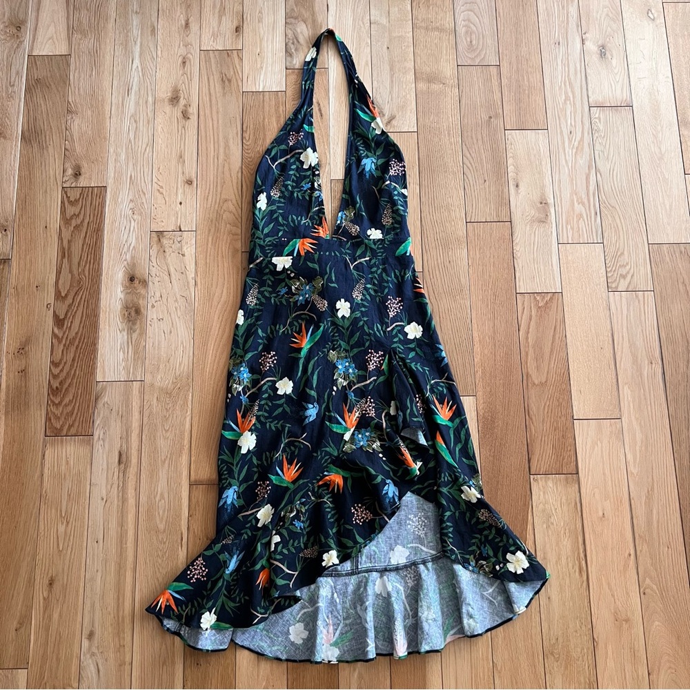 LPA Revolve Tropical Paradise Printed Linen Halter High Low Ruffle Dress Size S - Picture 3 of 9